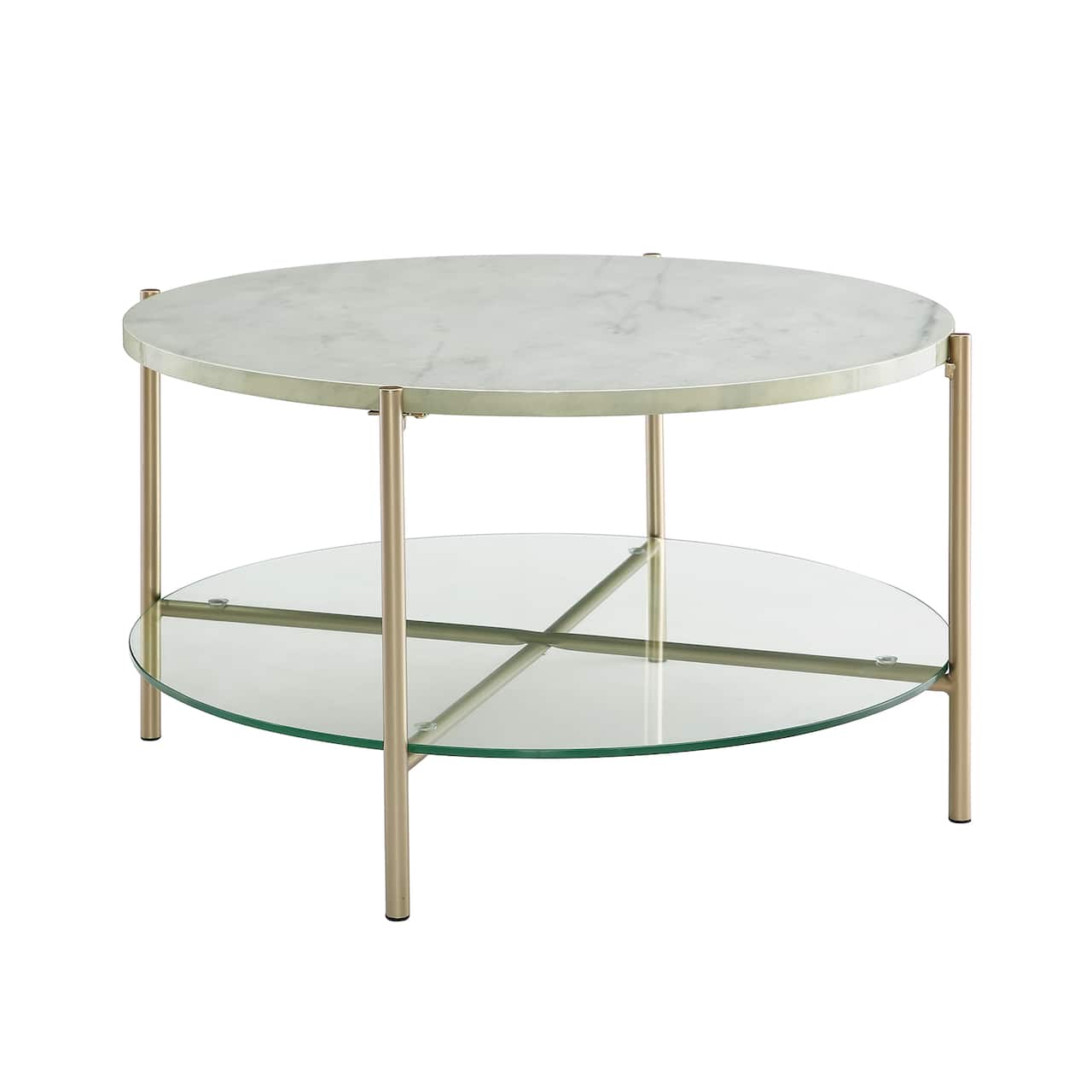 Faux White Marble, Glass & Gold Modern Round Coffee Table